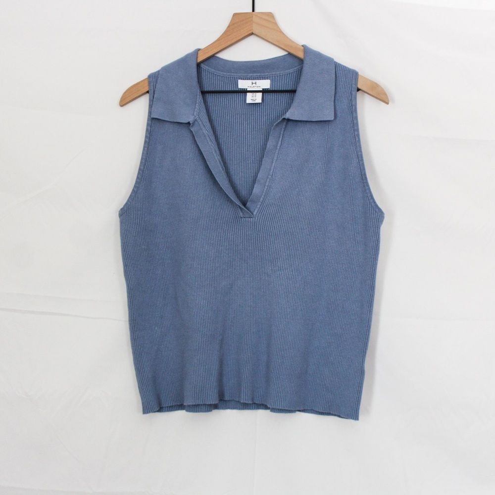 H Halston Ribbed Sleeveless Jonny Collar Polo Top - XL, Blue